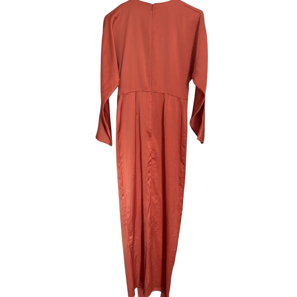 ASOS Design Women Rust Orange Satin Long Sleeve Tie Waist Maxi Dress Formal Gown - Picture 6 of 10